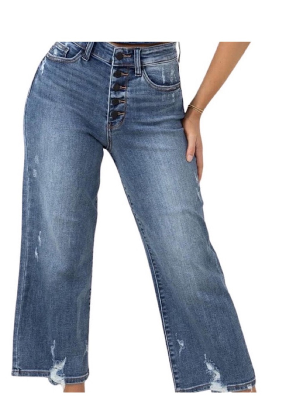 JUDY BLUE WIDE CROPPED DISTRESSED MEDIUM WASH JB82509MD BUTTON FLY 13/31